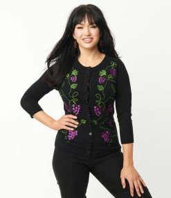 Trending Unique Vintage Black & Grape Vine Embroidered Bookworm Cardigan