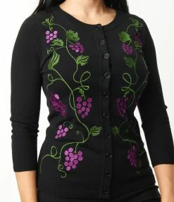 Trending Unique Vintage Black & Grape Vine Embroidered Bookworm Cardigan