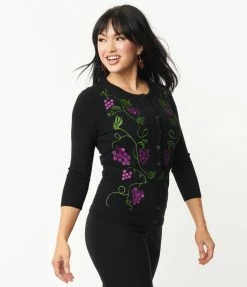 Trending Unique Vintage Black & Grape Vine Embroidered Bookworm Cardigan