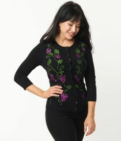 Trending Unique Vintage Black & Grape Vine Embroidered Bookworm Cardigan