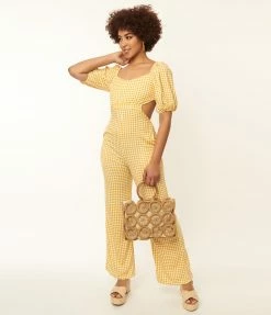 Endless Blu Mustard Gingham Open Back Jumpsuit