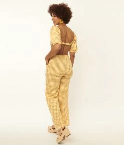 Endless Blu Mustard Gingham Open Back Jumpsuit