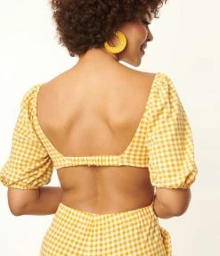 Endless Blu Mustard Gingham Open Back Jumpsuit