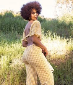 Endless Blu Mustard Gingham Open Back Jumpsuit