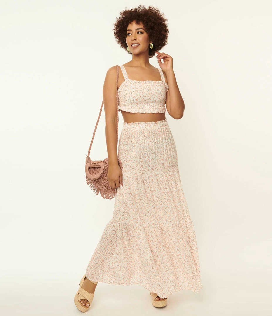 Endless Blu Ivory & Coral Berries Print Maxi Skirt Sale