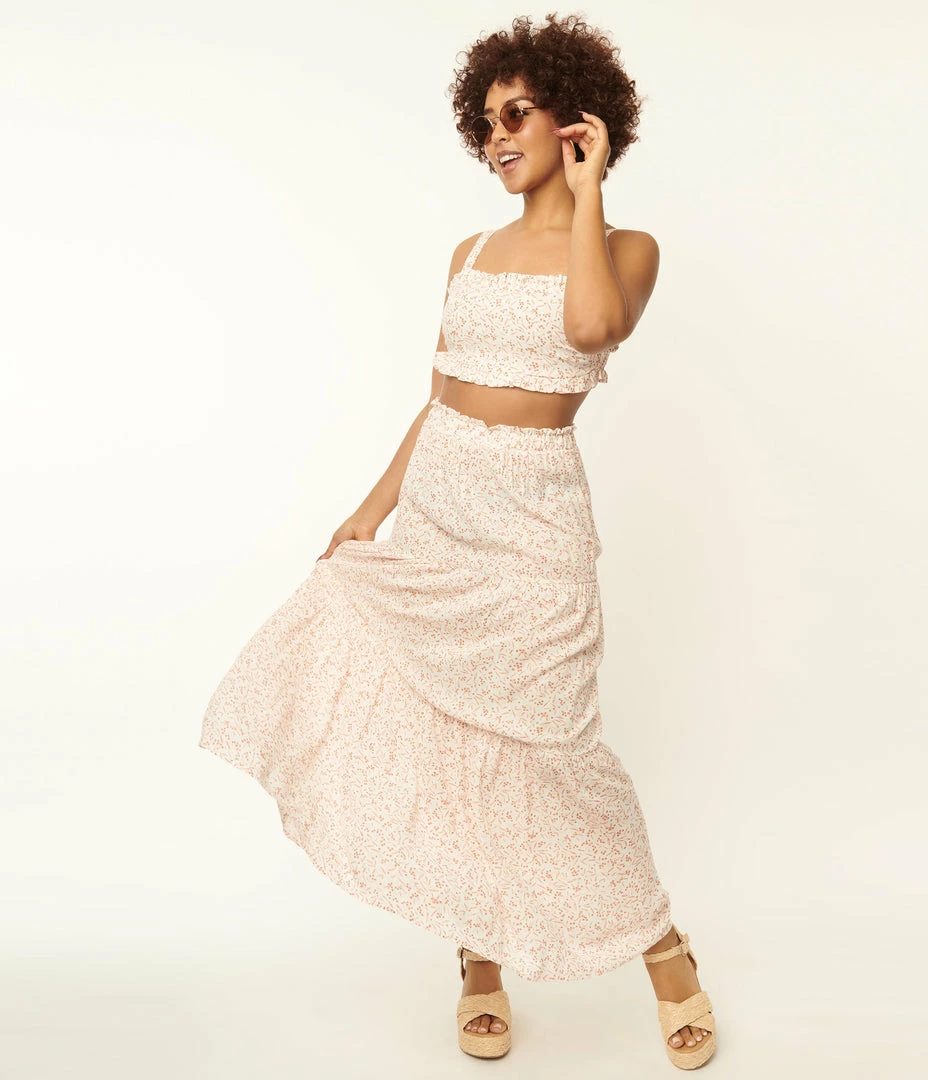 Endless Blu Ivory & Coral Berries Print Maxi Skirt Sale