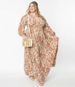 Unique Vintage Plus Size Beige & Brick Red Paisley Buttercup Maxi Dress