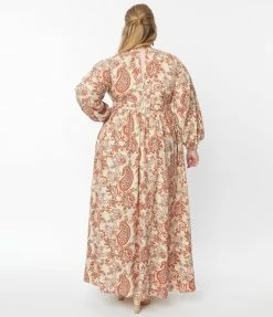 Unique Vintage Plus Size Beige & Brick Red Paisley Buttercup Maxi Dress