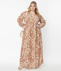 Unique Vintage Plus Size Beige & Brick Red Paisley Buttercup Maxi Dress