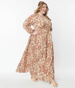 Unique Vintage Plus Size Beige & Brick Red Paisley Buttercup Maxi Dress