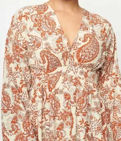 Sale Unique Vintage Beige & Brick Red Paisley Buttercup Maxi Dress