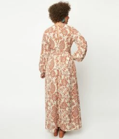 Sale Unique Vintage Beige & Brick Red Paisley Buttercup Maxi Dress