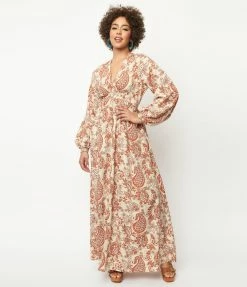Sale Unique Vintage Beige & Brick Red Paisley Buttercup Maxi Dress