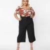 Unique Vintage Plus Size Black Twill Stripe Ginger Capri Pants