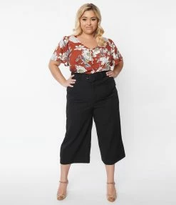 Unique Vintage Plus Size Black Twill Stripe Ginger Capri Pants