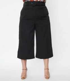 Unique Vintage Plus Size Black Twill Stripe Ginger Capri Pants