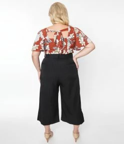 Unique Vintage Plus Size Black Twill Stripe Ginger Capri Pants