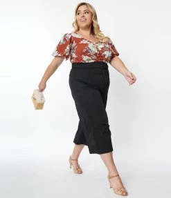 Unique Vintage Plus Size Black Twill Stripe Ginger Capri Pants