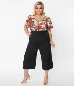 Unique Vintage Plus Size Black Twill Stripe Ginger Capri Pants