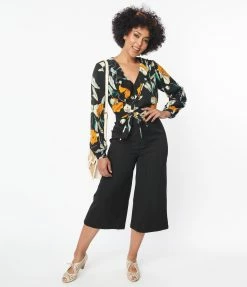 Clothing Unique Vintage Black Twill Stripe Ginger Capri Pants