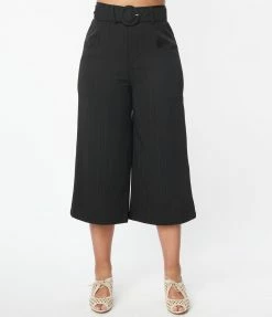 Clothing Unique Vintage Black Twill Stripe Ginger Capri Pants