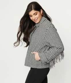 Ellison Black & White Houndstooth Fringe Jacket
