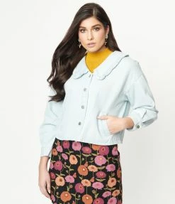 Ellison Light Blue Denim Ruffle Collar Jean Jacket Sale