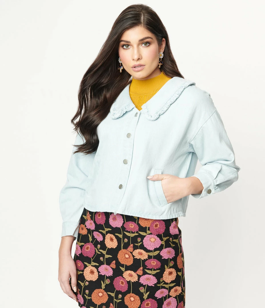 Ellison Light Blue Denim Ruffle Collar Jean Jacket Sale