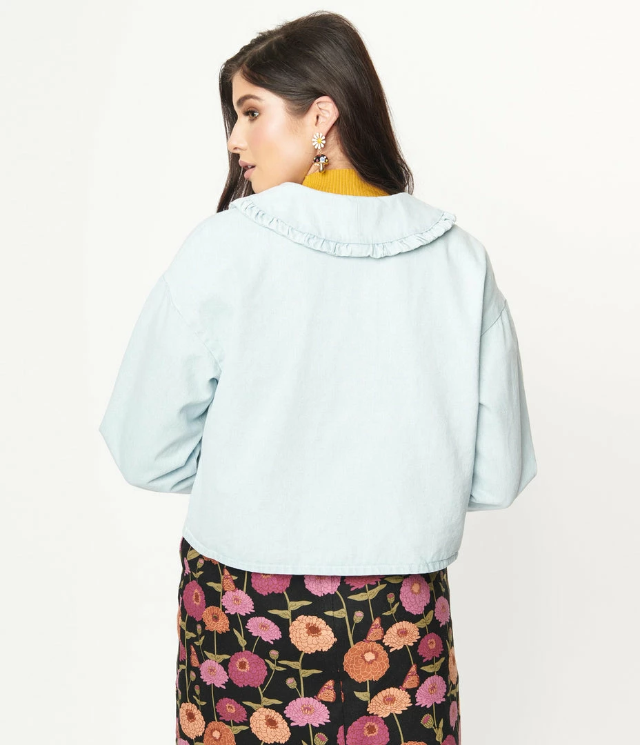 Ellison Light Blue Denim Ruffle Collar Jean Jacket Sale
