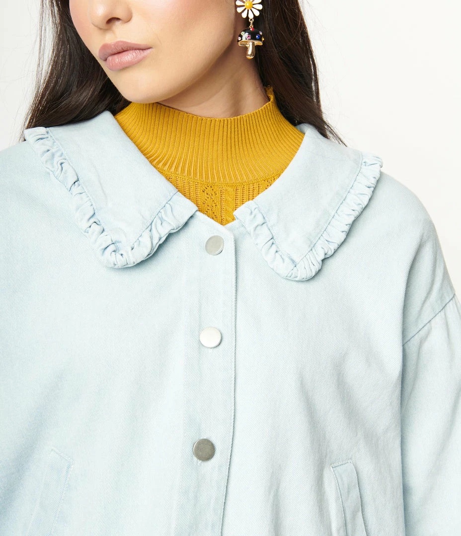 Ellison Light Blue Denim Ruffle Collar Jean Jacket Sale