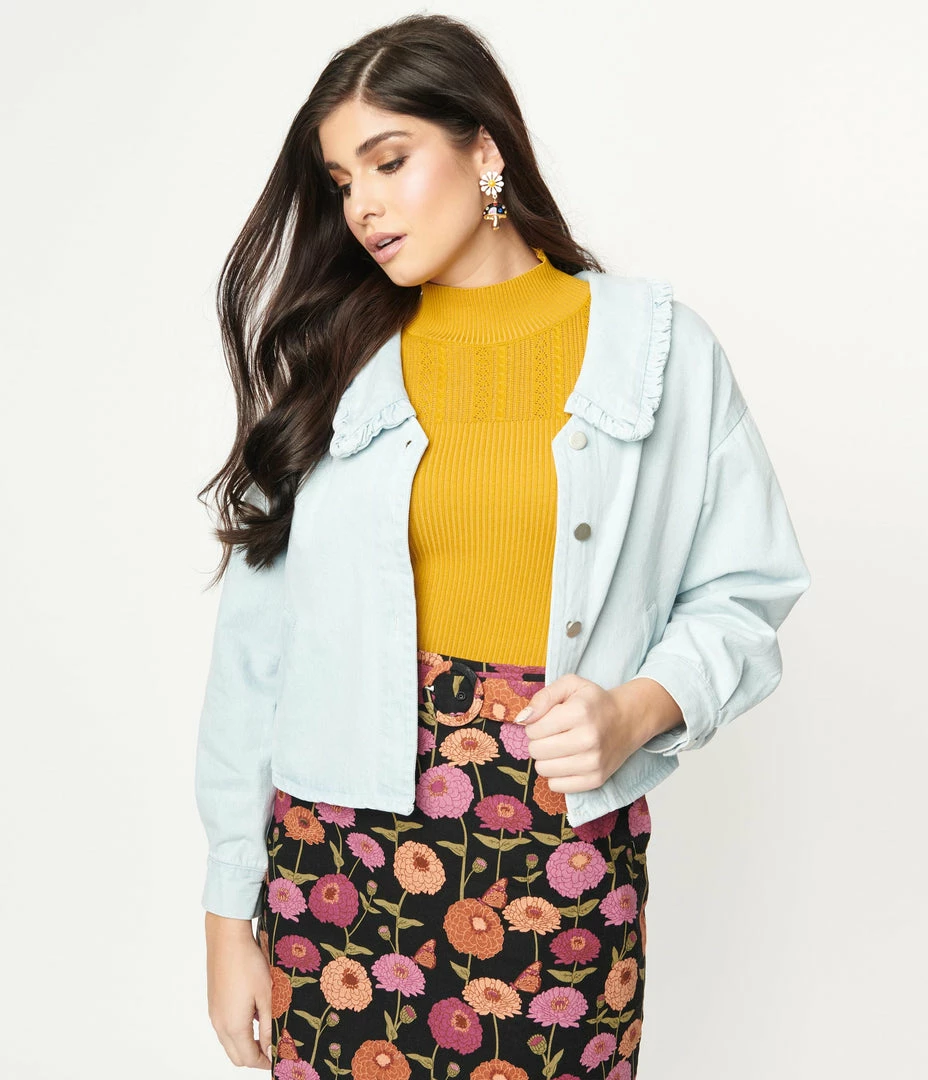 Ellison Light Blue Denim Ruffle Collar Jean Jacket Sale