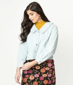 Ellison Light Blue Denim Ruffle Collar Jean Jacket Sale