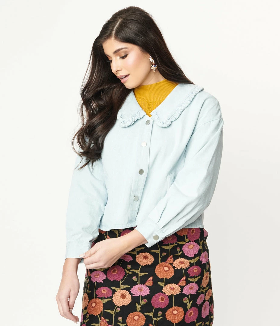 Ellison Light Blue Denim Ruffle Collar Jean Jacket Sale