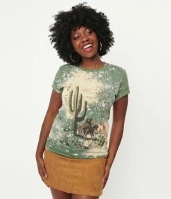 Gina Tees Sale Green Bleached Cactus & Cowboy Unisex Graphic Tee