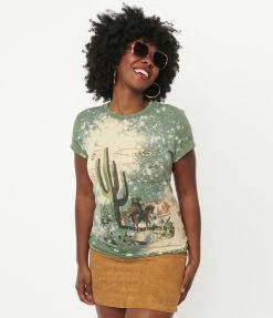 Gina Tees Sale Green Bleached Cactus & Cowboy Unisex Graphic Tee