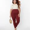 Unique Vintage Plus Size Burgundy Pintuck High Waist Pants Sale