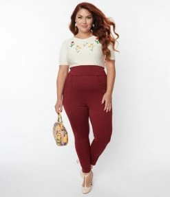 Unique Vintage Plus Size Burgundy Pintuck High Waist Pants Sale