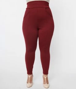 Unique Vintage Plus Size Burgundy Pintuck High Waist Pants Sale