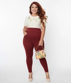 Unique Vintage Plus Size Burgundy Pintuck High Waist Pants Sale
