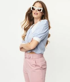 Dessin Studio Sale Blue Gingham Puff Sleeve Blouse