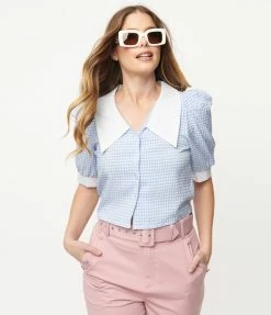 Dessin Studio Sale Blue Gingham Puff Sleeve Blouse