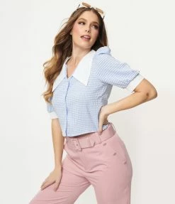Dessin Studio Sale Blue Gingham Puff Sleeve Blouse