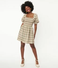 Dessin Studio Green & Pink Plaid Smocked Babydoll Dress Sale