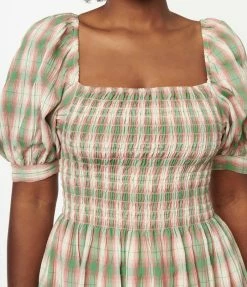 Dessin Studio Green & Pink Plaid Smocked Babydoll Dress Sale