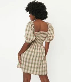 Dessin Studio Green & Pink Plaid Smocked Babydoll Dress Sale