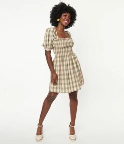 Dessin Studio Green & Pink Plaid Smocked Babydoll Dress Sale