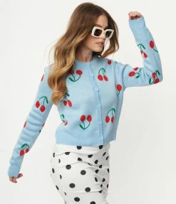 Dessin Studio Light Blue & Red Cherry Knit Cardigan Sale