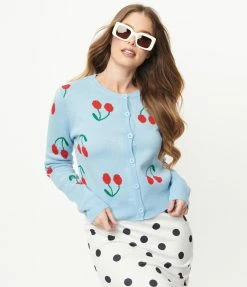 Dessin Studio Light Blue & Red Cherry Knit Cardigan Sale