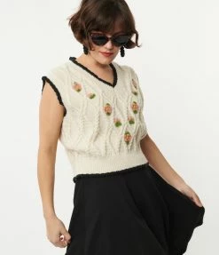 Dessin Studio Sale Ivory Cable Knit Floral Sweater Vest