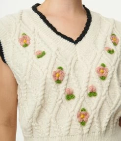 Dessin Studio Sale Ivory Cable Knit Floral Sweater Vest